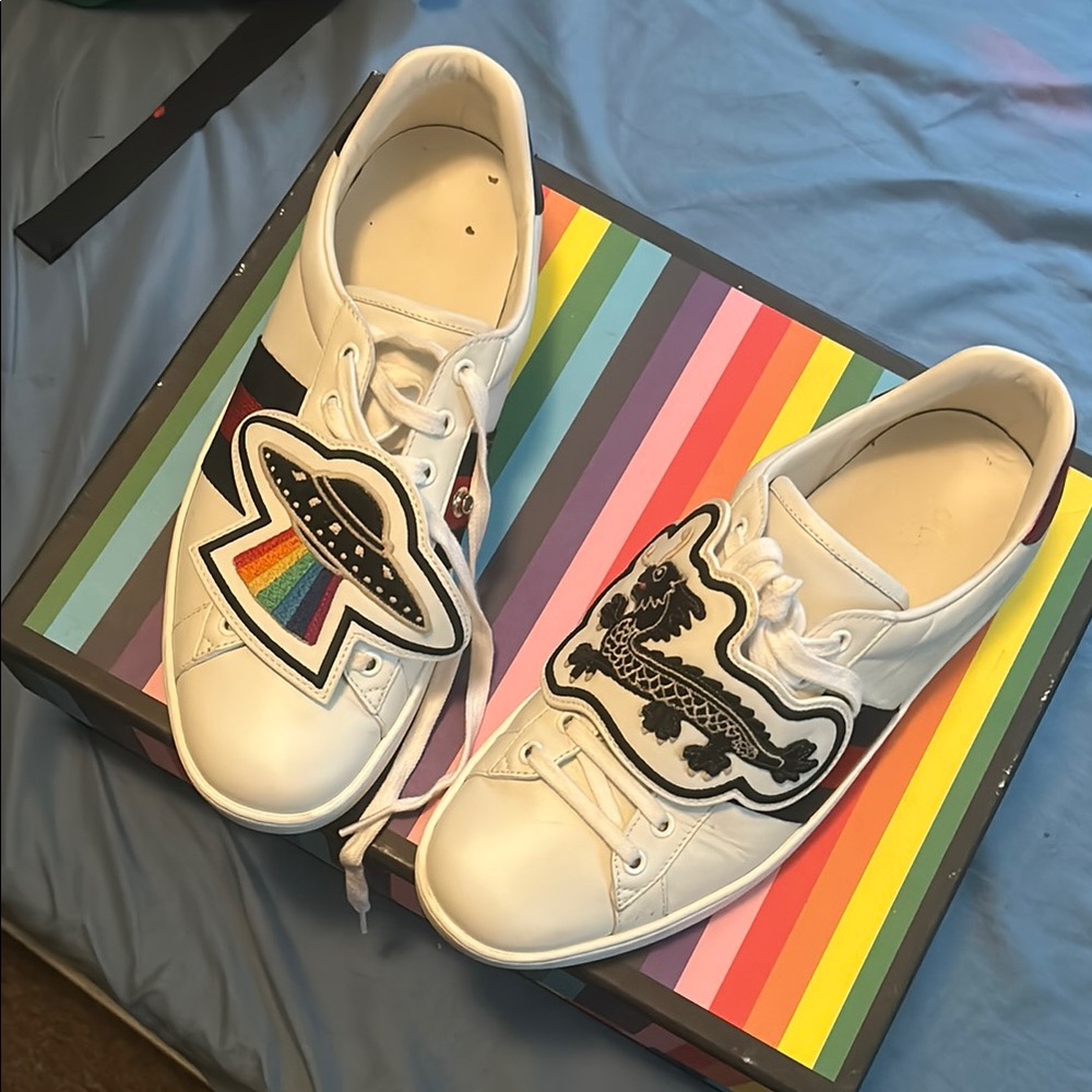 Gucci White Sneakers with Colorful Patches